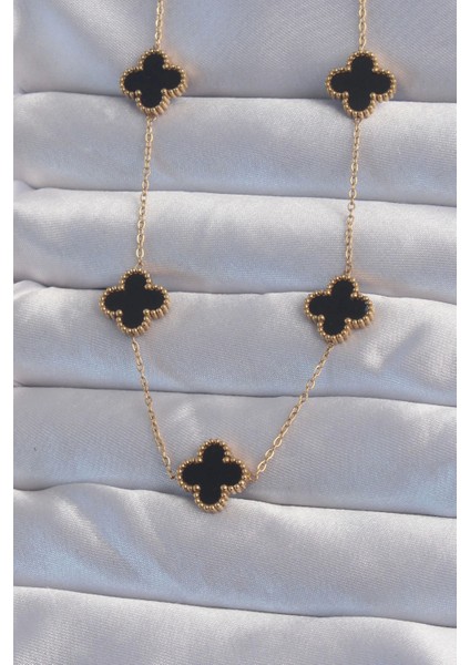 Bfs 316L Çelik Gold Renk Siyah Mineli Yonca Kolye