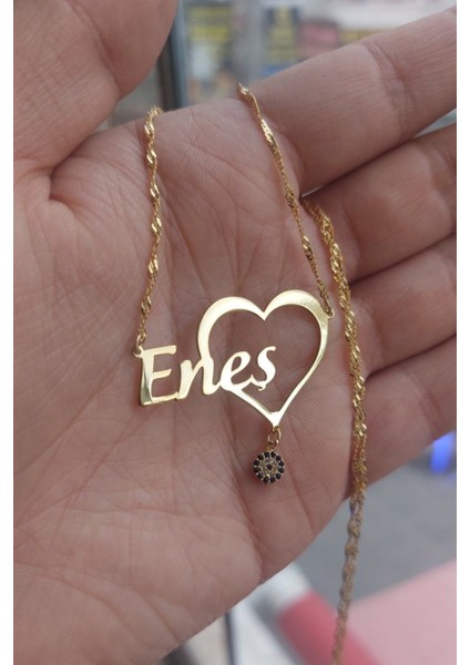 925 Ayar Gümüş 24 Ayar Altın Kaplama Isimli Kalpli Nazar Boncuklu Kolye