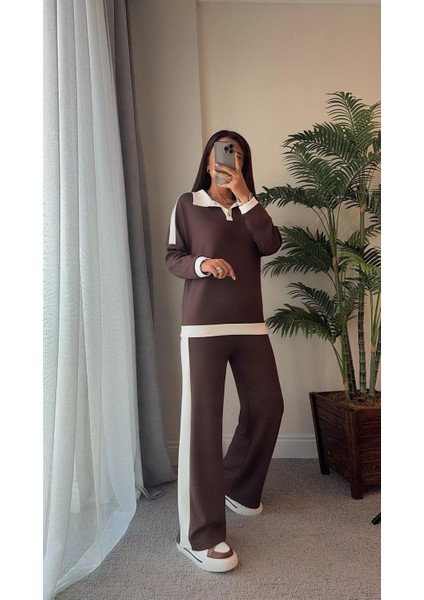 Şans Life Kadın Şerit Detaylı Düşük Omuzlu Polo Yaka Pantolonlu Ikili Takım modelleri