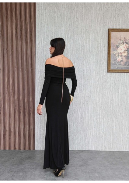 Boyun Aksesuarlı Açık Omuz Uzun Elbise indirimleri