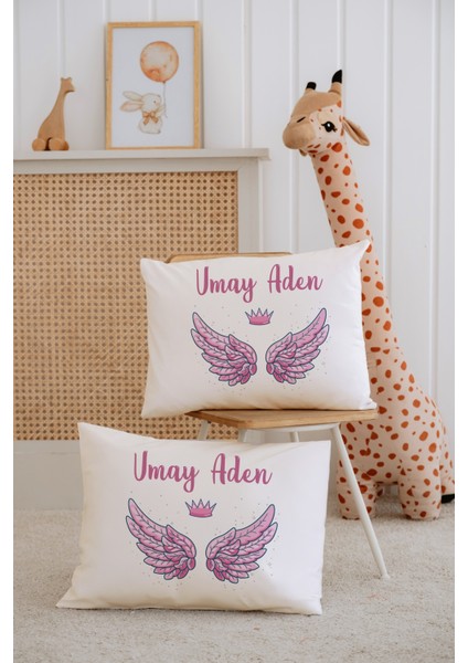 %100 Pamuk Isme Özel 2li Ekru Bebek Yastık Kılıfı 35X45 Cm-Pembe Kanat
