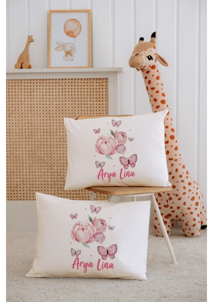 %100 Pamuk Isme Özel 2li Ekru Bebek Yastık Kılıfı 35X45 Cm-Çiçek Kelebek