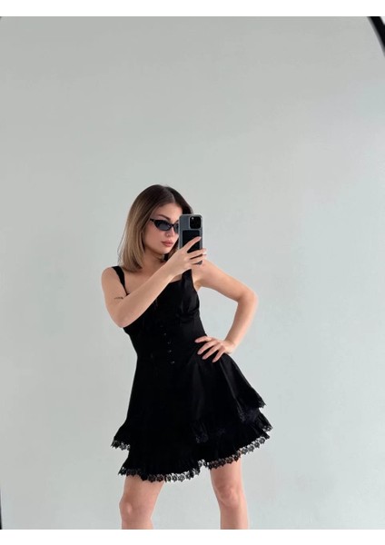Mini Askılı Elbise - Siyah