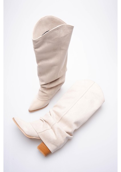 Kadın Süet Çizme Körüklü Çekme Western Bej Merina modelleri