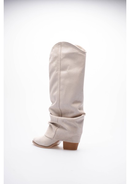 Kadın Süet Çizme Körüklü Çekme Western Bej Merina fırsatları