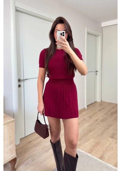 Kısa Kollu Bluz Mini Etekli Ikili Takım Triko - Bordo