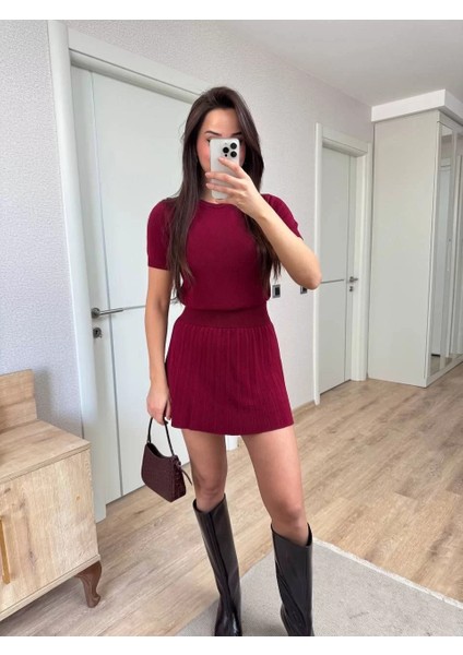 Kısa Kollu Bluz Mini Etekli Ikili Takım Triko - Bordo modelleri