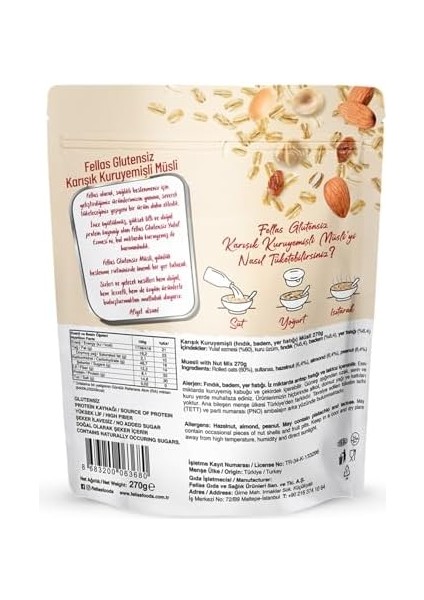 Fellas Glutensiz Müsli, Karışık Kuruyemişli, 270GR