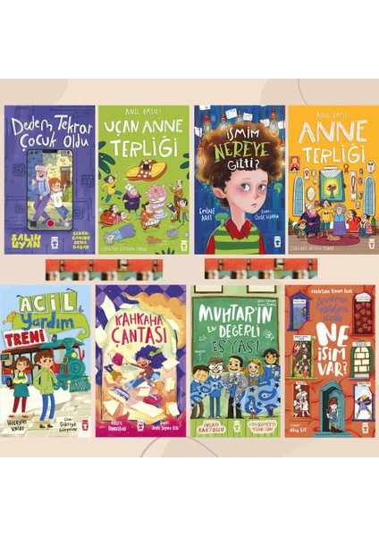 3.4. Sınıf- Uçan Anne Terliği, Kahkaha Çantası, Anne Terliğ, Ismim Nereye Gitti, Annemin Kafasının Içinde Ne Işim Var, Acil Yardım Treni, Muhtar In En Değerli Eşyası, Dedem Tekrar Çocuk Oldu,(9kitap)