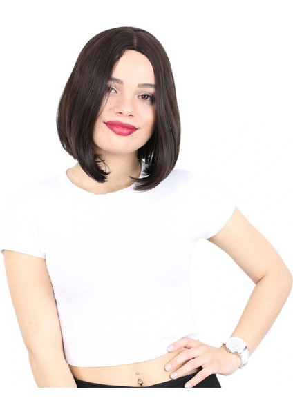 Fiber Sentetik Peruk Perçemsiz Kısa Düz - Kahverengi