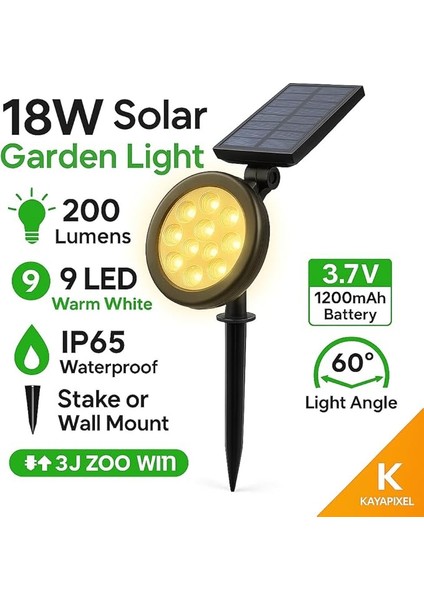 Güneş Enerjili Bahçe Armatürü – 9 LED 3200K Günışığı, IP65 Su Geçirmez Solar Spot Lamba, 200 Lümen, Kazıklı Veya Duvara Montaj, Açılı Aydınlatma indirimleri