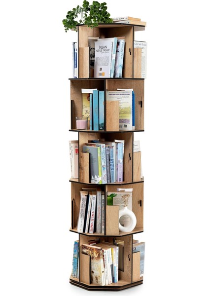 Wood 360° Döner Kitaplık – Modern ve Dekoratif Çok Katmanlı Ahşap Kitap ve Dergi Rafı (Meşe, 5 Raflı)