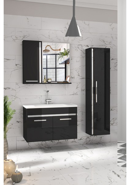 Gold Siyah Gri (80+35) 115 cm Mdf-Boy Dolaplı Lavabolu Banyo Dolabı Seti-Hazır Kurulu-