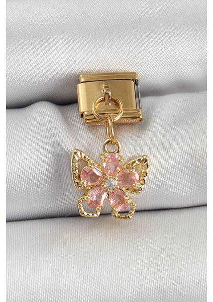 316L Çelik Sallantılı Zirkon Taşlı Çiçek Figürlü Kelebek Model Gold Renk Nomination Charm