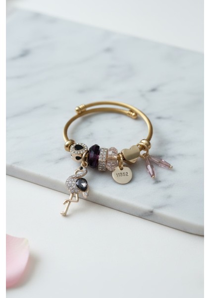 Çelik Flamingo Zirkon Taşlı Siyah Charmlı Bileklik Pndr-Blk-Dk-S fiyatları