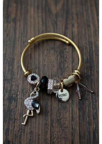 Çelik Flamingo Zirkon Taşlı Siyah Charmlı Bileklik Pndr-Blk-Dk-S modelleri