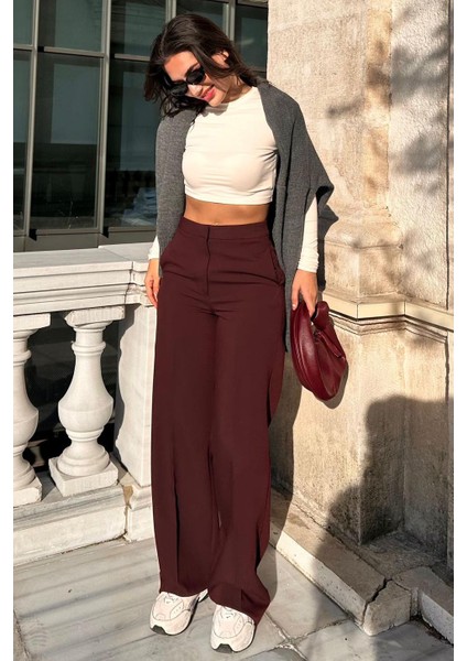 Bordo Yüksek Bel Kumaş Pantolon MG2284
