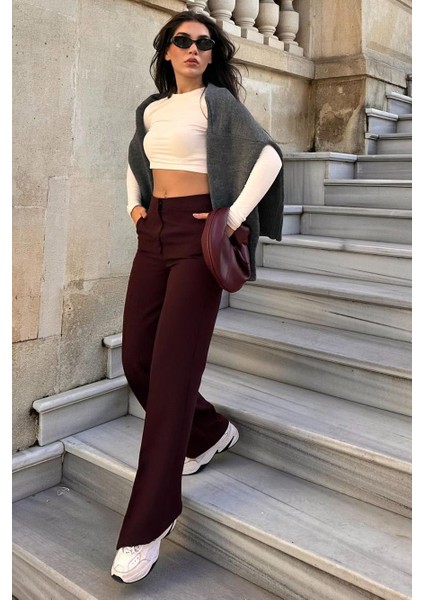 Bordo Yüksek Bel Kumaş Pantolon MG2284 modelleri