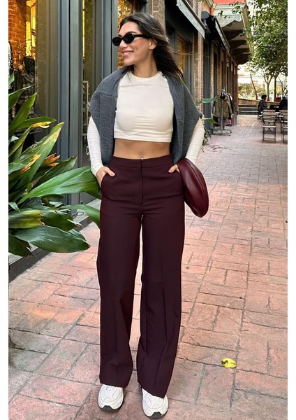 Bordo Yüksek Bel Kumaş Pantolon MG2284