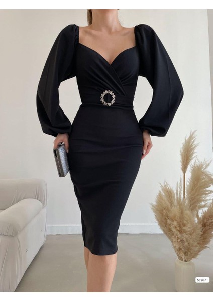 Kalp Yaka Kemerli Ithal Krep Kumaş Uzun Kollu Midi Boy Elbise 582671 Siyah