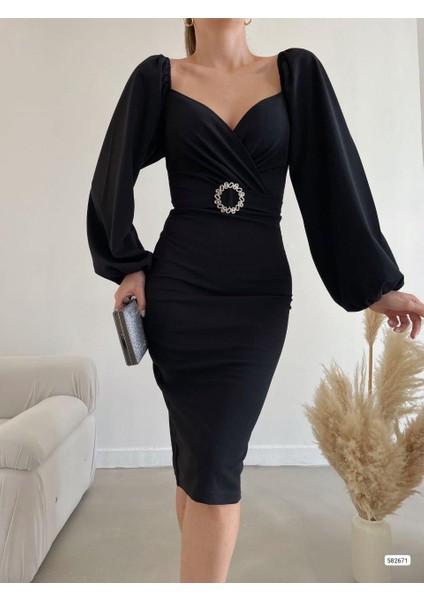 Kalp Yaka Kemerli Ithal Krep Kumaş Uzun Kollu Midi Boy Elbise 582671 Siyah modelleri