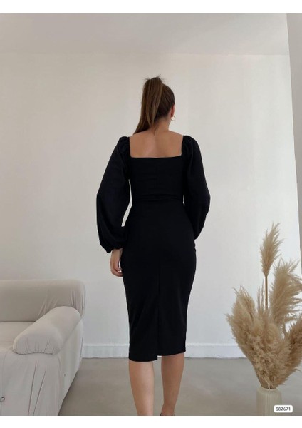 Kalp Yaka Kemerli Ithal Krep Kumaş Uzun Kollu Midi Boy Elbise 582671 Siyah fırsatları