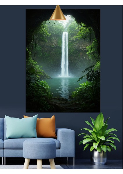 Orman Içinde Saklı Güzel Şelale ve Gölet Dekoratif Kanvas - Mdf Ahşap Tablo fiyatları