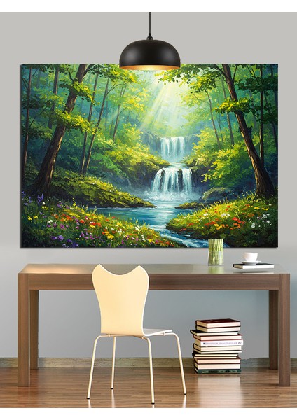 Güneşli Orman Şelalesi Dekoratif Kanvas - Mdf Ahşap Tablo