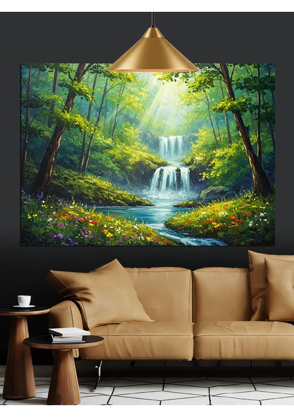 Güneşli Orman Şelalesi Dekoratif Kanvas - Mdf Ahşap Tablo modelleri