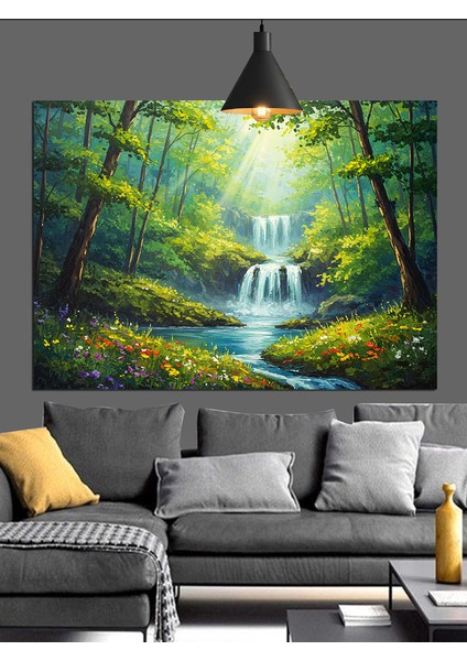 Güneşli Orman Şelalesi Dekoratif Kanvas - Mdf Ahşap Tablo fırsatları