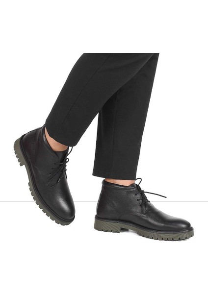 Erkek Siyah Bağcıklı Fermuarlı Deri Bot