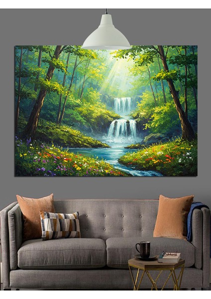 Güneşli Orman Şelalesi Dekoratif Kanvas - Mdf Ahşap Tablo indirimleri