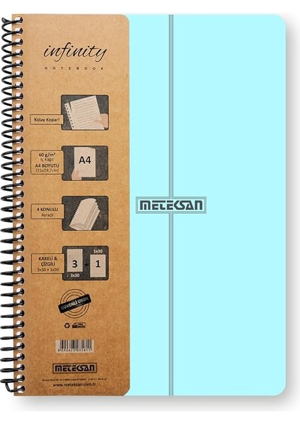 Infinity Pastel Serisi, A4, 7 Konulu (5 Kareli, 2 Çizgili) 210 Yaprak Pp Kapaklı Spiralli Defter, Mavi