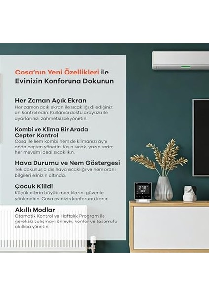 Akıllı Oda Termostatı V5, Wi-Fi Kablosuz Kombi ve Klima Kontrolü, Beyaz fiyatları