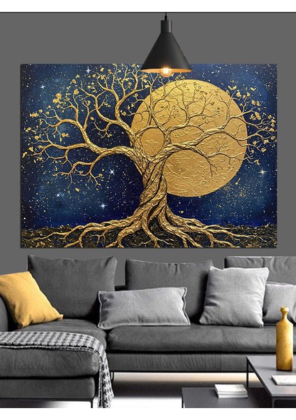 Ağaç Hayat Dolunay Altın Dekoratif Kanvas - Mdf Ahşap Tablo