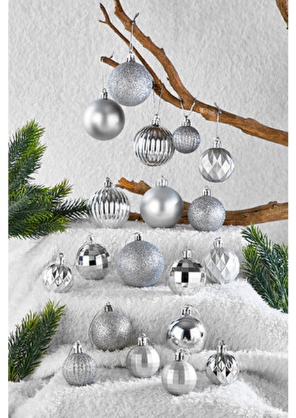 20'li Gümüş Karışık Desenli Yılbaşı Süsü Şık Tasarım ve Renk Seçenekleri fiyatları