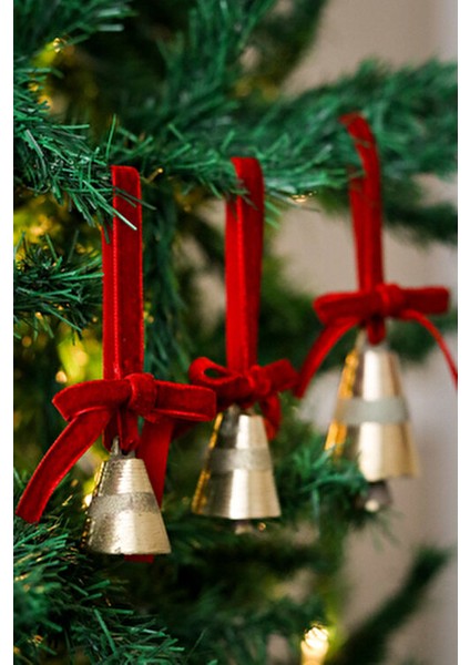 Yılbaşı Ağacı Süsleme Seti 3'lü Kadife Kurdeleli Altın Renk Çanlar modelleri