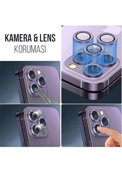 Iphone Alüminyum Alaşım Çerçeveli Tempered Glass Kamera Lens Koruyucu (Iphone 14 Pro Max Mor) modelleri