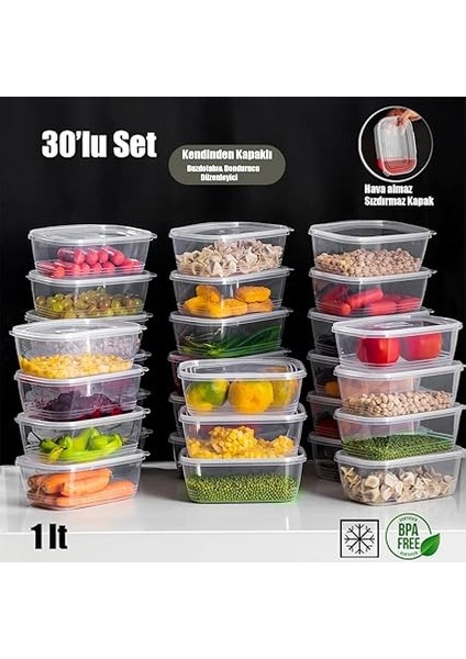 1072 30'lu Buzluk Düzenleyici Saklama Kabı Kendinden Kapaklı Derin Dondurucu Saklama Kabı 1 Lt Şeffaf fiyatları