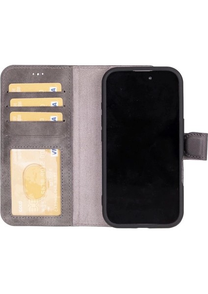Apple iPhone 16 Uyumlu, Hakiki Deri, El Yapımı, Cüzdanlı Kılıf, Gölgeli Gri fiyatları