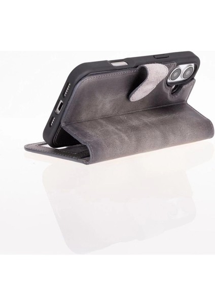 Apple iPhone 16 Uyumlu, Hakiki Deri, El Yapımı, Cüzdanlı Kılıf, Gölgeli Gri modelleri