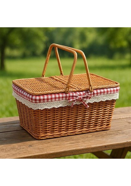 Hasır Piknik Sepeti – Dantelli, Kırmızı Kareli Kumaşlı, Şık ve Doğal Tasarım 39 cm