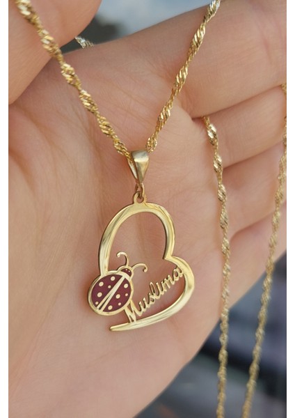 925 Ayar Gümüş 24 Ayar Altın Kaplama Uğur Böcekli Isimli Kalp Kolye