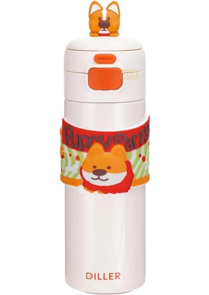 Diller 480ML Sevimli Hayvanlar Süslü Pipetli/pipetsiz El Askılı Paslanmaz Çelik Termos (Puppy Party)