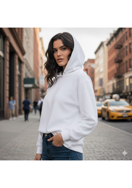 Kadın Oversıze Şardonlu Kapüşonlu Beyaz Sweatshirt