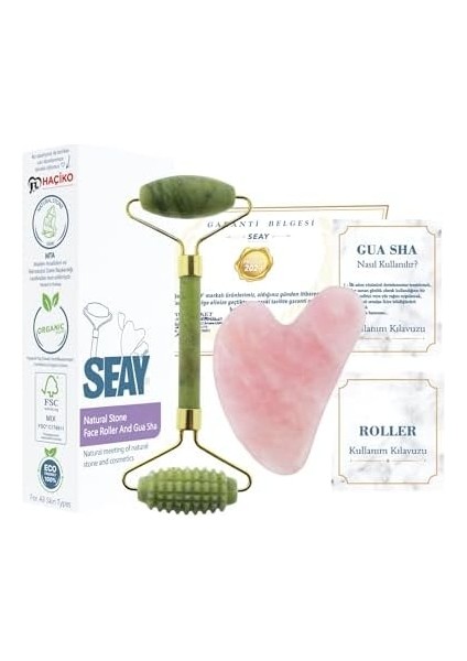 Seay Tırtıklı Yeşim Roller ve Pembe Kalp Guasha Yüz Masaj Aleti Seti Doğal Taş Takımı Face Roller