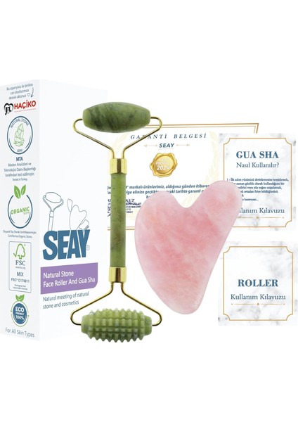 Seay Tırtıklı Yeşim Roller ve Pembe Kalp Guasha Yüz Masaj Aleti Seti Doğal Taş Takımı Face Roller fiyatları