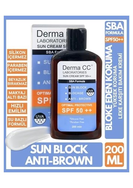 Derma cc Laboratorıes Sba(Sun Block+Blockage+Antibrown) Güneş Kremi Spf 50++, 200 Mililitre fiyatları