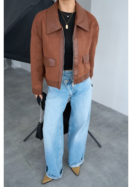 Taba Fermuarlı Cep Detaylı Vegan Süet Ceket