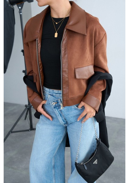 Taba Fermuarlı Cep Detaylı Vegan Süet Ceket modelleri